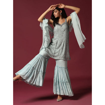 "Two Sisters" by Gyans Powder Blue Hand Embroidered Kurti with Gharara & Dupatta (Set of 3)