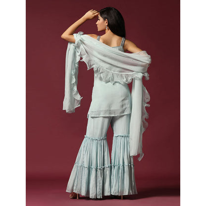 "Two Sisters" by Gyans Powder Blue Hand Embroidered Kurti with Gharara & Dupatta (Set of 3)