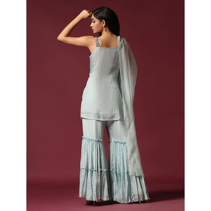 "Two Sisters" by Gyans Powder Blue Hand Embroidered Kurti with Gharara & Dupatta (Set of 3)