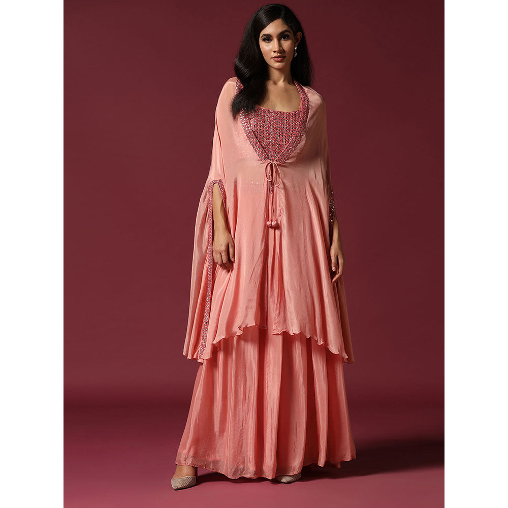 "Two Sisters" by Gyans Peach Embroidered Blouse with Cape & Lehenga (Set of 3)