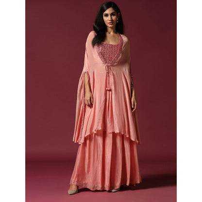 "Two Sisters" by Gyans Peach Embroidered Blouse with Cape & Lehenga (Set of 3)