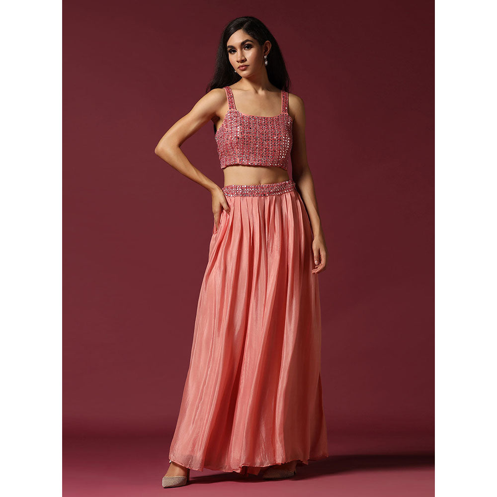 "Two Sisters" by Gyans Peach Embroidered Blouse with Cape & Lehenga (Set of 3)