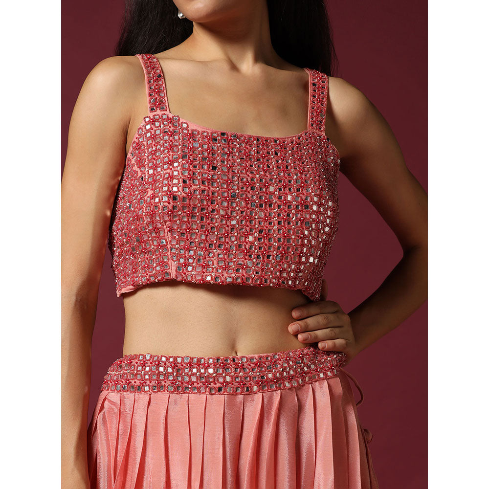 "Two Sisters" by Gyans Peach Embroidered Blouse with Cape & Lehenga (Set of 3)