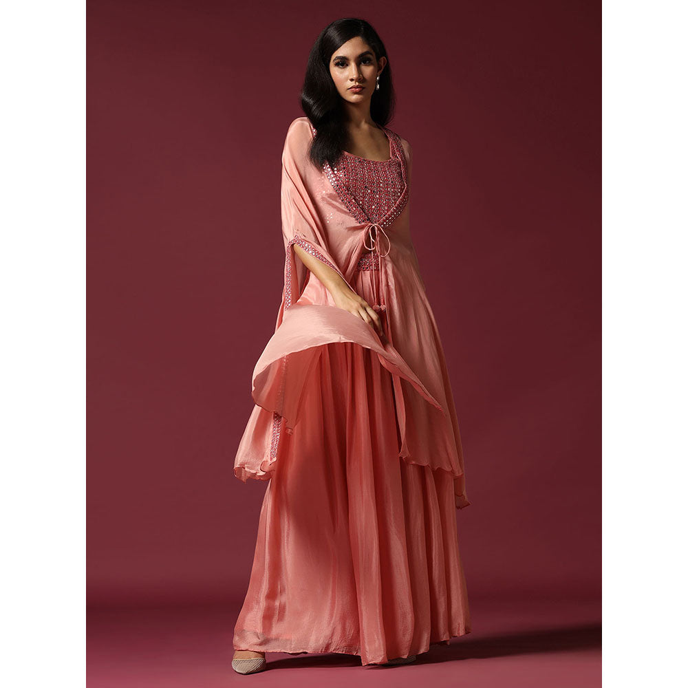 "Two Sisters" by Gyans Peach Embroidered Blouse with Cape & Lehenga (Set of 3)