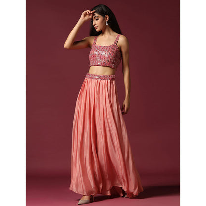 "Two Sisters" by Gyans Peach Embroidered Blouse with Cape & Lehenga (Set of 3)