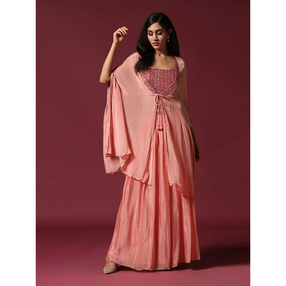 "Two Sisters" by Gyans Peach Embroidered Blouse with Cape & Lehenga (Set of 3)