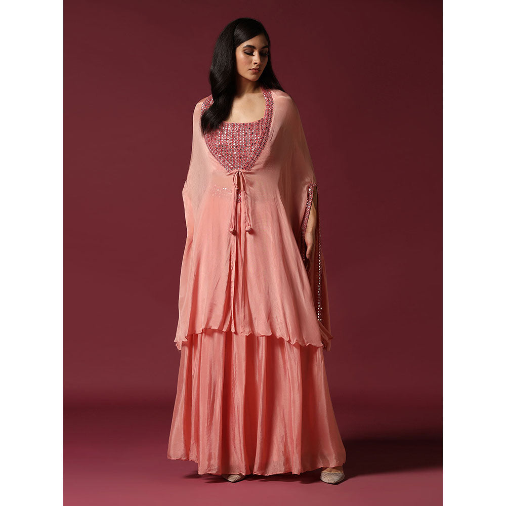 "Two Sisters" by Gyans Peach Embroidered Blouse with Cape & Lehenga (Set of 3)