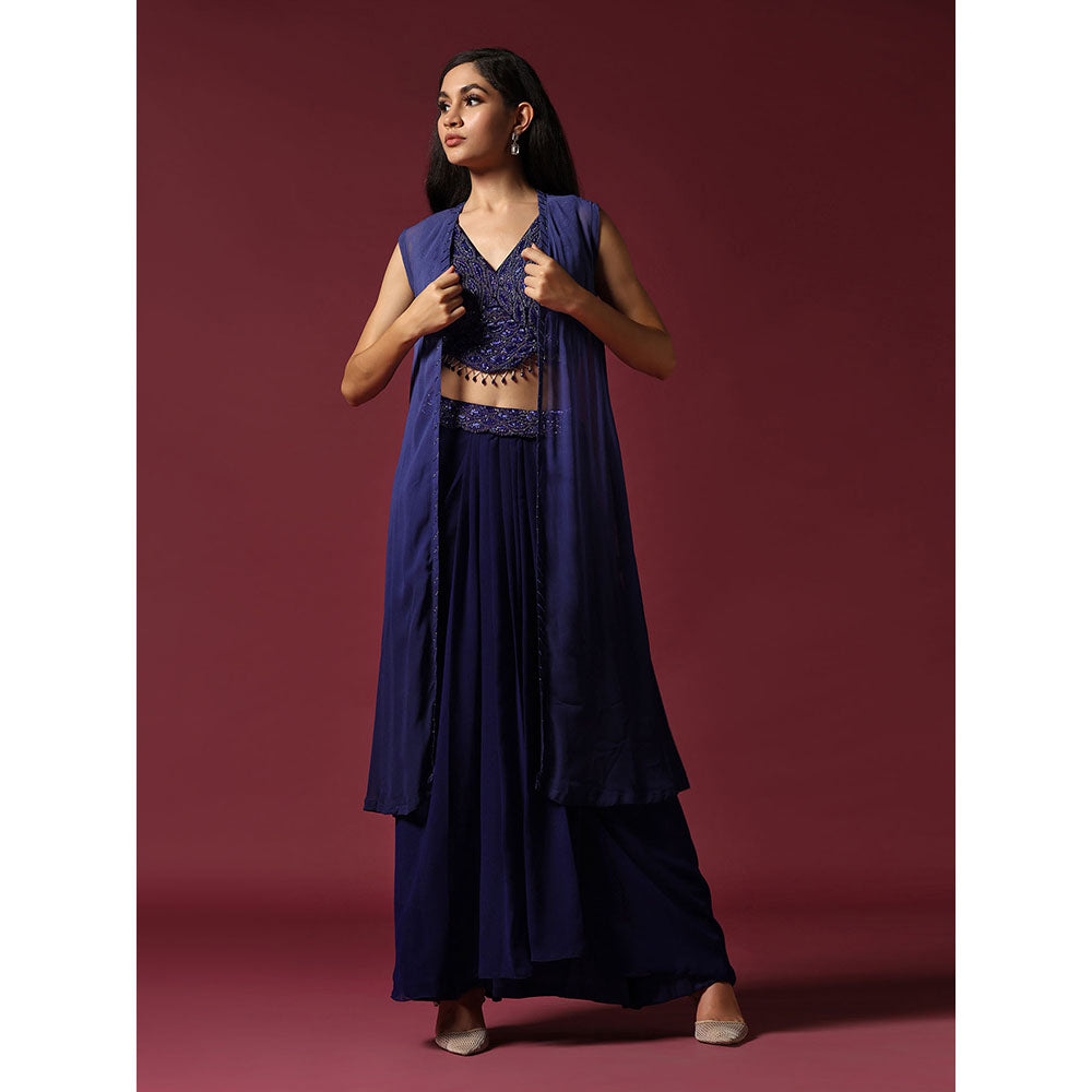 "Two Sisters" by Gyans Navy Blue Hand Embroidered Blouse with Skirt & Cape (Set of 3)