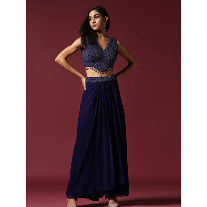 "Two Sisters" by Gyans Navy Blue Hand Embroidered Blouse with Skirt & Cape (Set of 3)