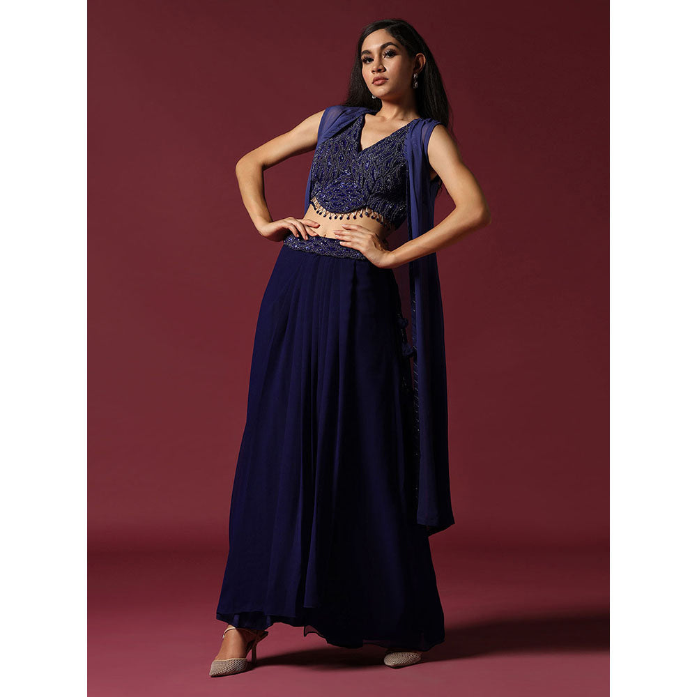 "Two Sisters" by Gyans Navy Blue Hand Embroidered Blouse with Skirt & Cape (Set of 3)