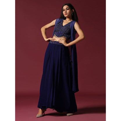 "Two Sisters" by Gyans Navy Blue Hand Embroidered Blouse with Skirt & Cape (Set of 3)