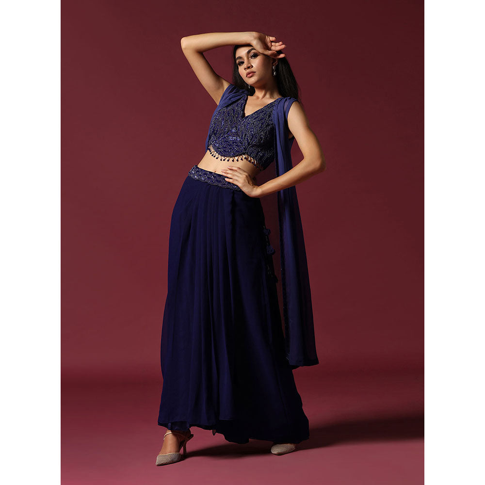 "Two Sisters" by Gyans Navy Blue Hand Embroidered Blouse with Skirt & Cape (Set of 3)