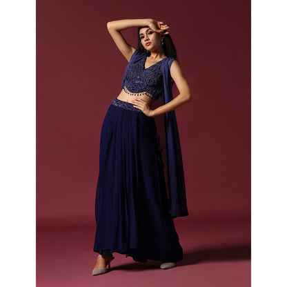 "Two Sisters" by Gyans Navy Blue Hand Embroidered Blouse with Skirt & Cape (Set of 3)