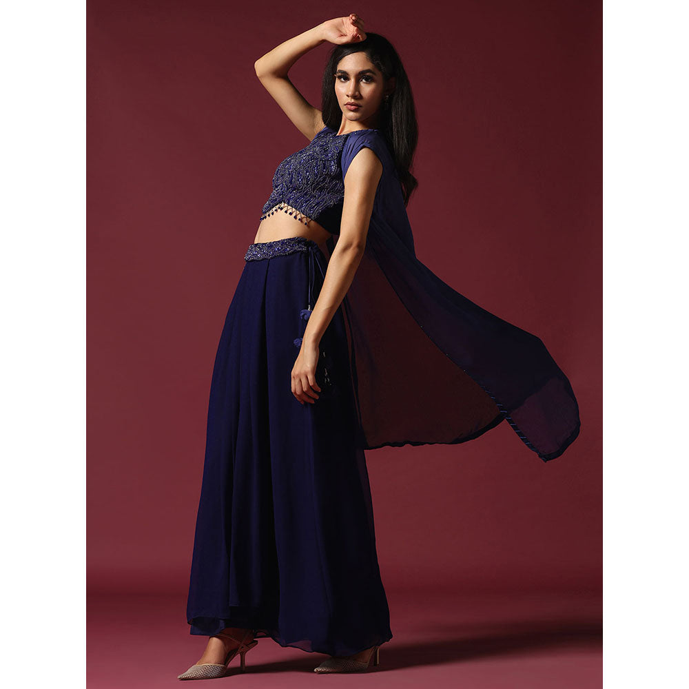 "Two Sisters" by Gyans Navy Blue Hand Embroidered Blouse with Skirt & Cape (Set of 3)