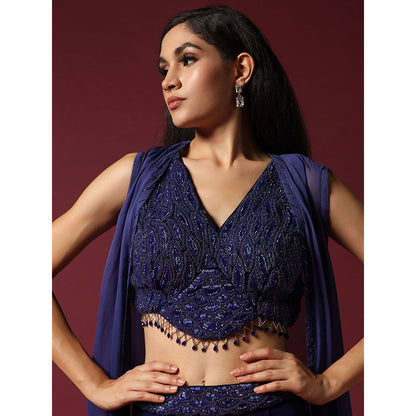 "Two Sisters" by Gyans Navy Blue Hand Embroidered Blouse with Skirt & Cape (Set of 3)