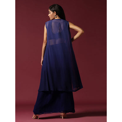 "Two Sisters" by Gyans Navy Blue Hand Embroidered Blouse with Skirt & Cape (Set of 3)