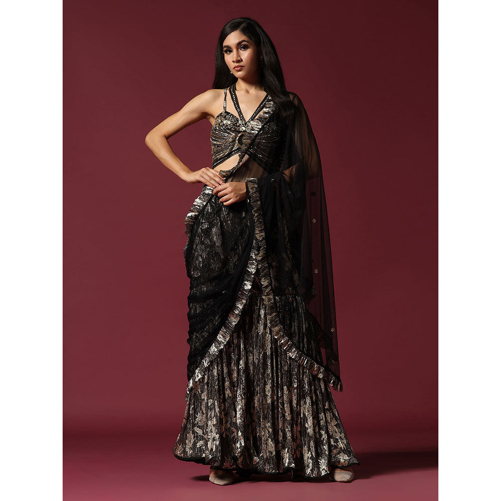 "Two Sisters" by Gyans Black & Gold Drape Saree with Embroidered Stitched Blouse