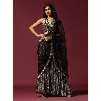 "Two Sisters" by Gyans Black & Gold Drape Saree with Embroidered Stitched Blouse