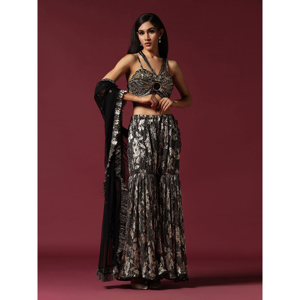 "Two Sisters" by Gyans Black & Gold Drape Saree with Embroidered Stitched Blouse