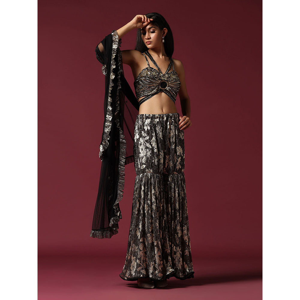 "Two Sisters" by Gyans Black & Gold Drape Saree with Embroidered Stitched Blouse