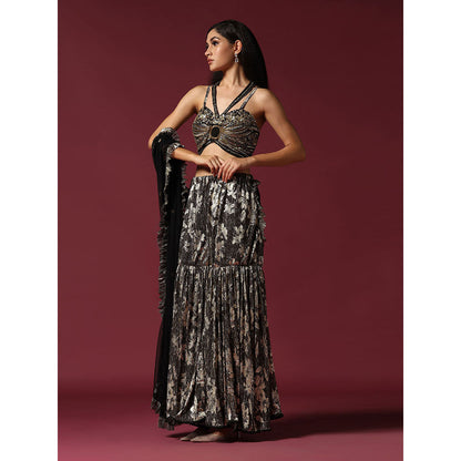 "Two Sisters" by Gyans Black & Gold Drape Saree with Embroidered Stitched Blouse