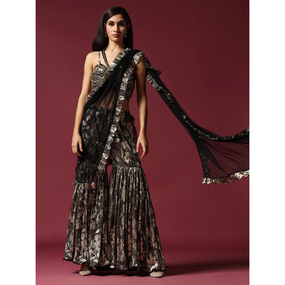 "Two Sisters" by Gyans Black & Gold Drape Saree with Embroidered Stitched Blouse
