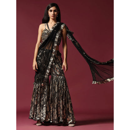 "Two Sisters" by Gyans Black & Gold Drape Saree with Embroidered Stitched Blouse