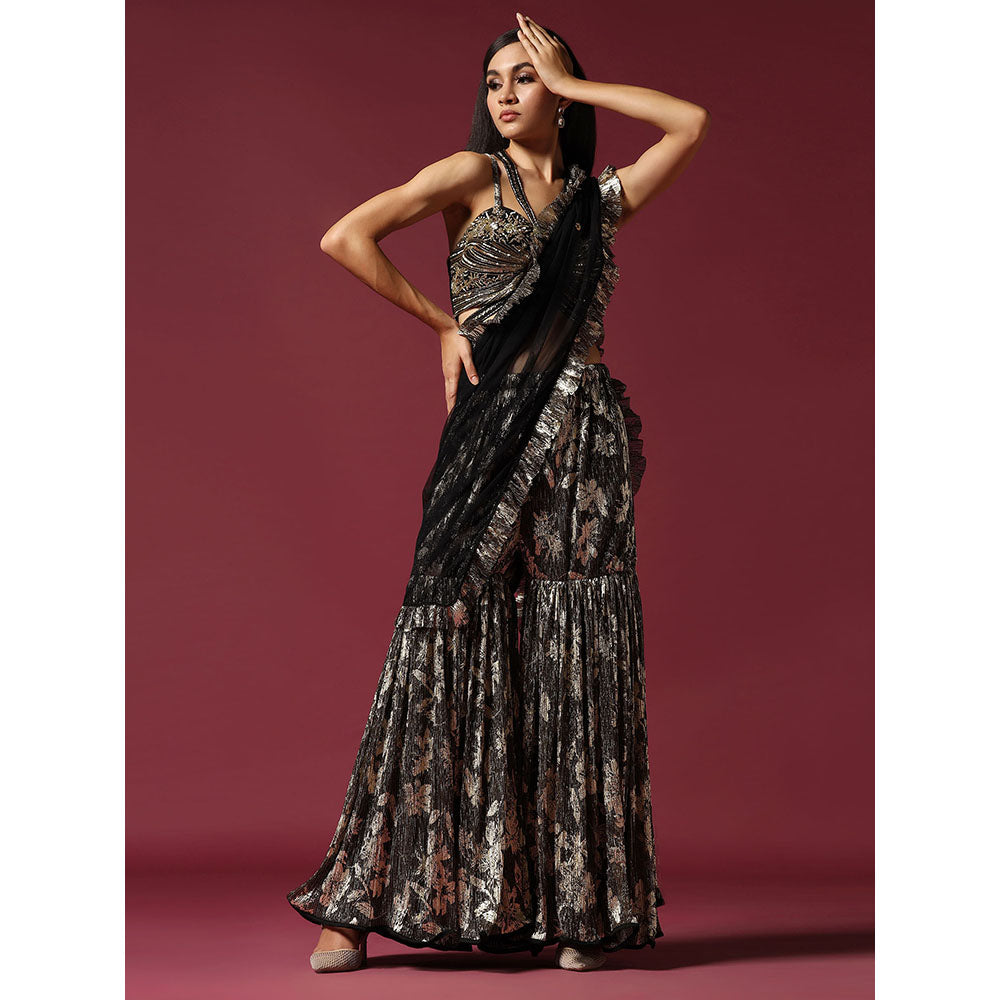 "Two Sisters" by Gyans Black & Gold Drape Saree with Embroidered Stitched Blouse