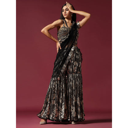 "Two Sisters" by Gyans Black & Gold Drape Saree with Embroidered Stitched Blouse