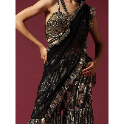"Two Sisters" by Gyans Black & Gold Drape Saree with Embroidered Stitched Blouse