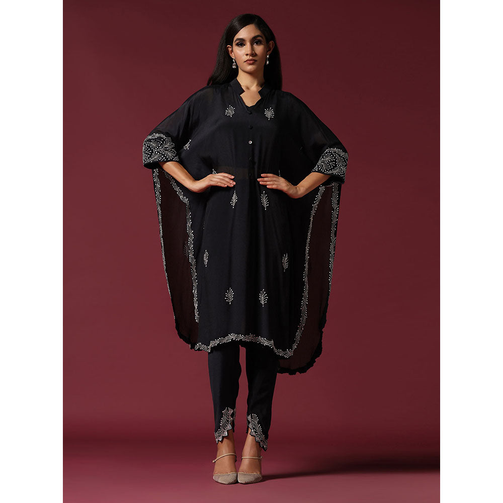 "Two Sisters" by Gyans Black Embroidered Blouse with Kaftan Kurta & Tulip Pant (Set of 3)