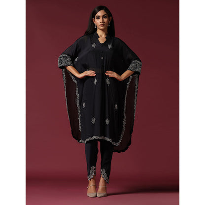 "Two Sisters" by Gyans Black Embroidered Blouse with Kaftan Kurta & Tulip Pant (Set of 3)