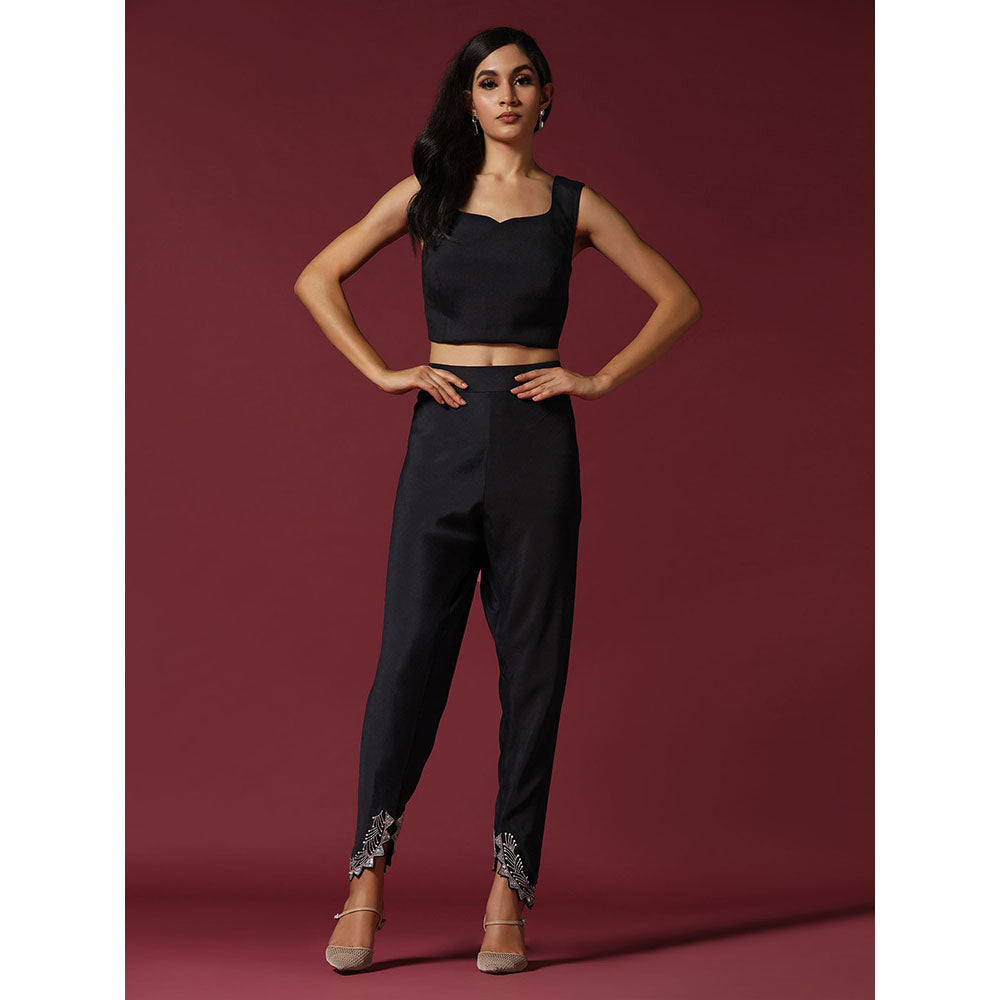 "Two Sisters" by Gyans Black Embroidered Blouse with Kaftan Kurta & Tulip Pant (Set of 3)