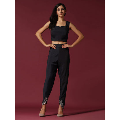 "Two Sisters" by Gyans Black Embroidered Blouse with Kaftan Kurta & Tulip Pant (Set of 3)