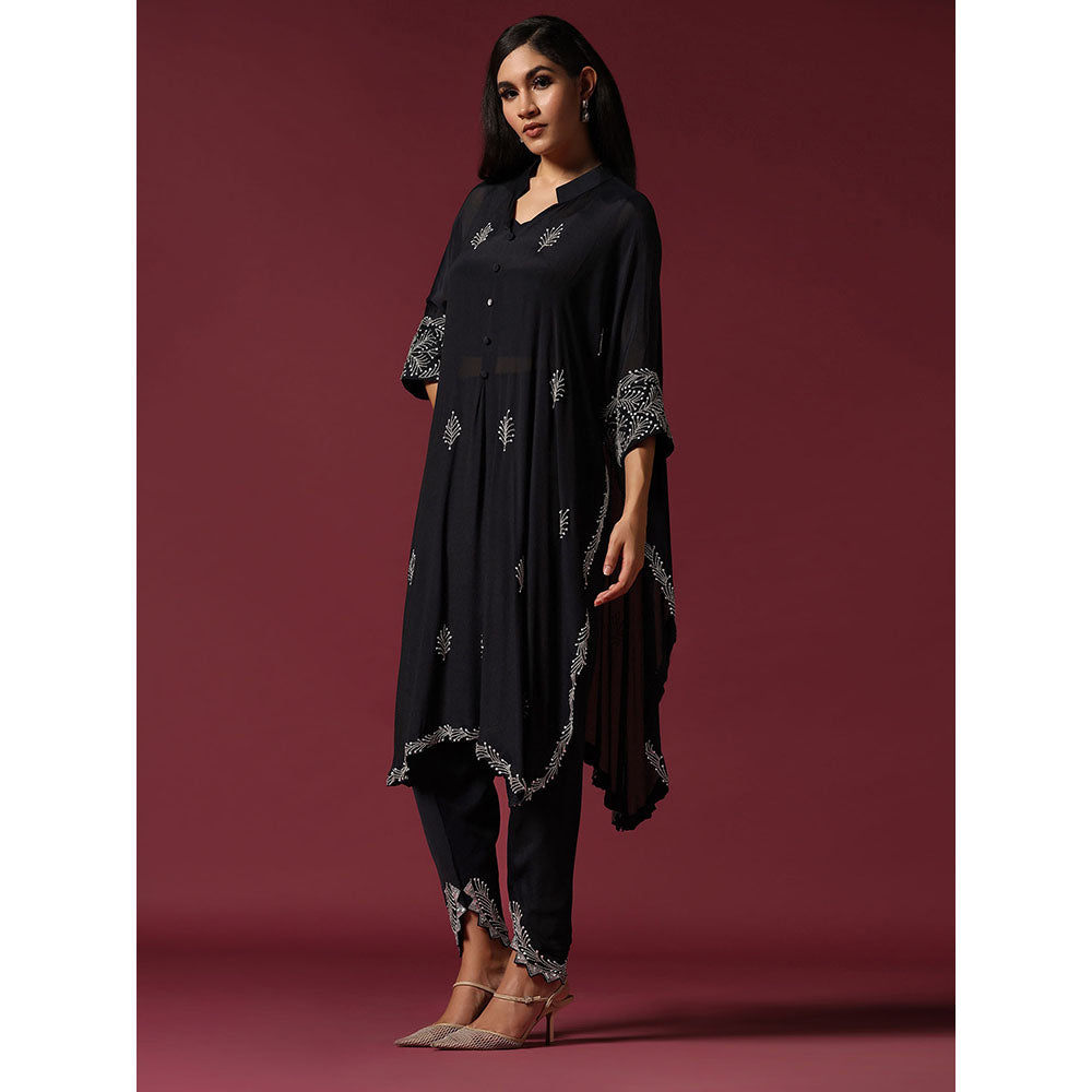 "Two Sisters" by Gyans Black Embroidered Blouse with Kaftan Kurta & Tulip Pant (Set of 3)