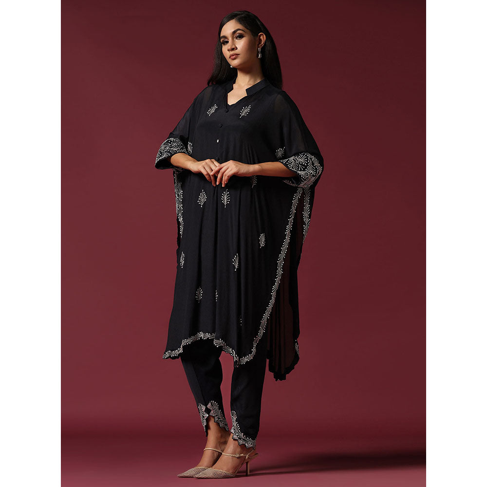 "Two Sisters" by Gyans Black Embroidered Blouse with Kaftan Kurta & Tulip Pant (Set of 3)