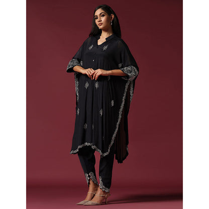 "Two Sisters" by Gyans Black Embroidered Blouse with Kaftan Kurta & Tulip Pant (Set of 3)