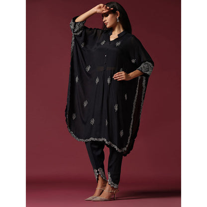 "Two Sisters" by Gyans Black Embroidered Blouse with Kaftan Kurta & Tulip Pant (Set of 3)