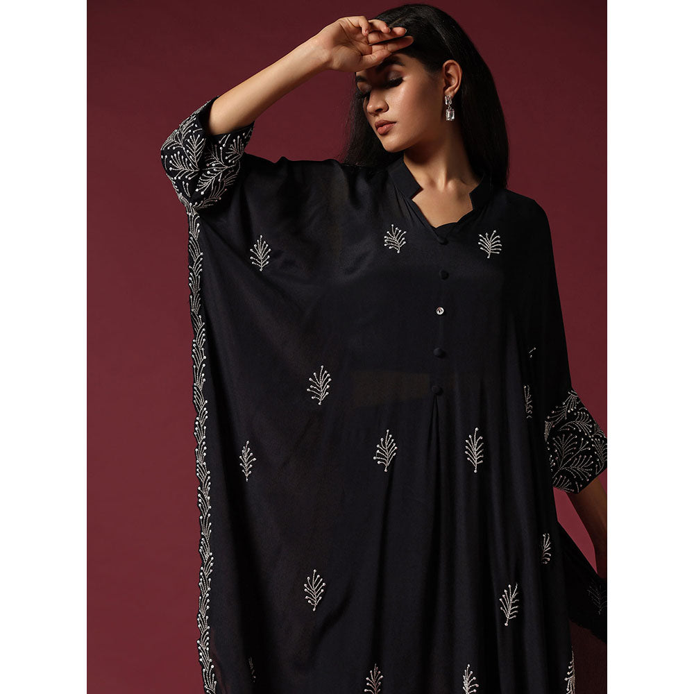"Two Sisters" by Gyans Black Embroidered Blouse with Kaftan Kurta & Tulip Pant (Set of 3)