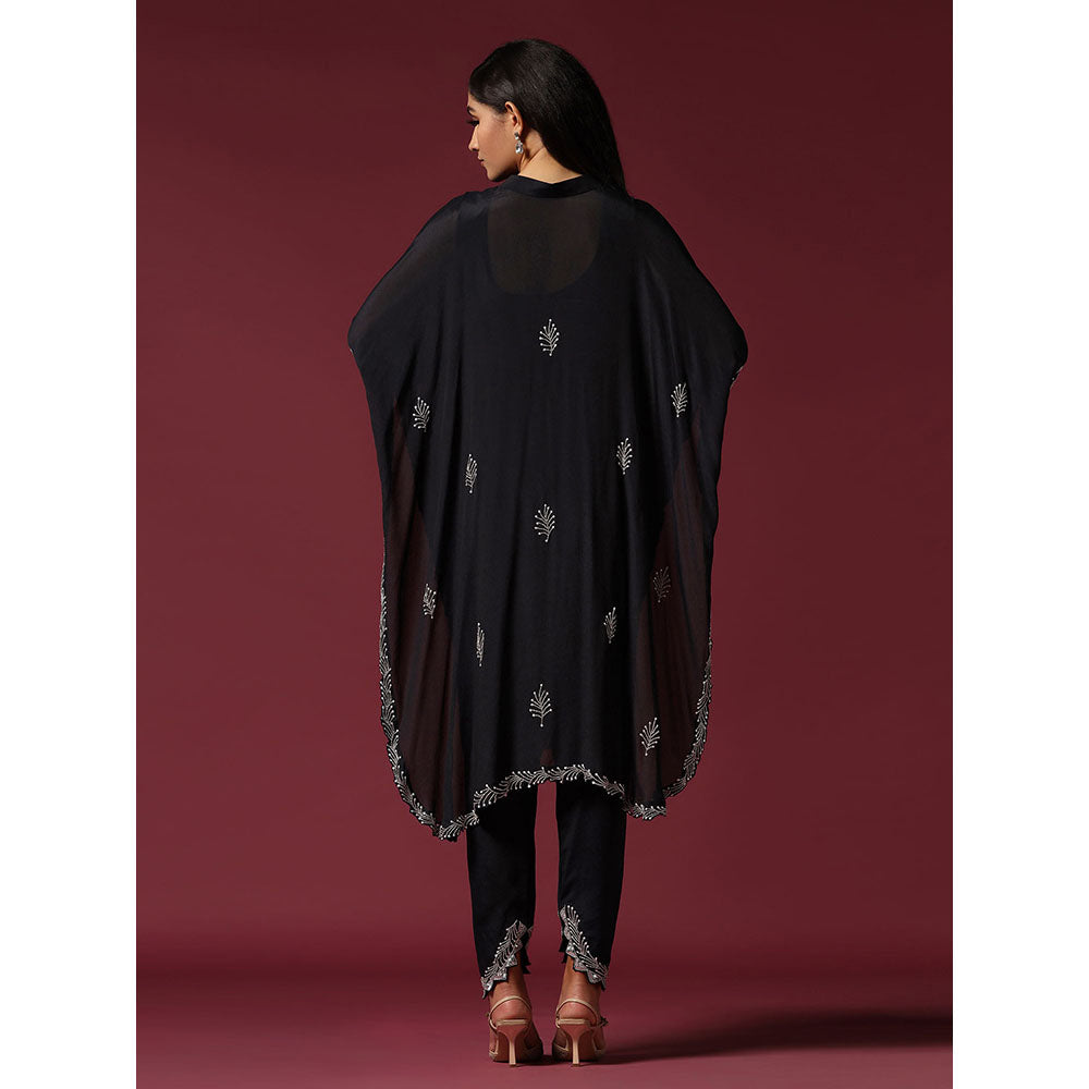 "Two Sisters" by Gyans Black Embroidered Blouse with Kaftan Kurta & Tulip Pant (Set of 3)