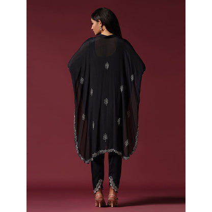 "Two Sisters" by Gyans Black Embroidered Blouse with Kaftan Kurta & Tulip Pant (Set of 3)