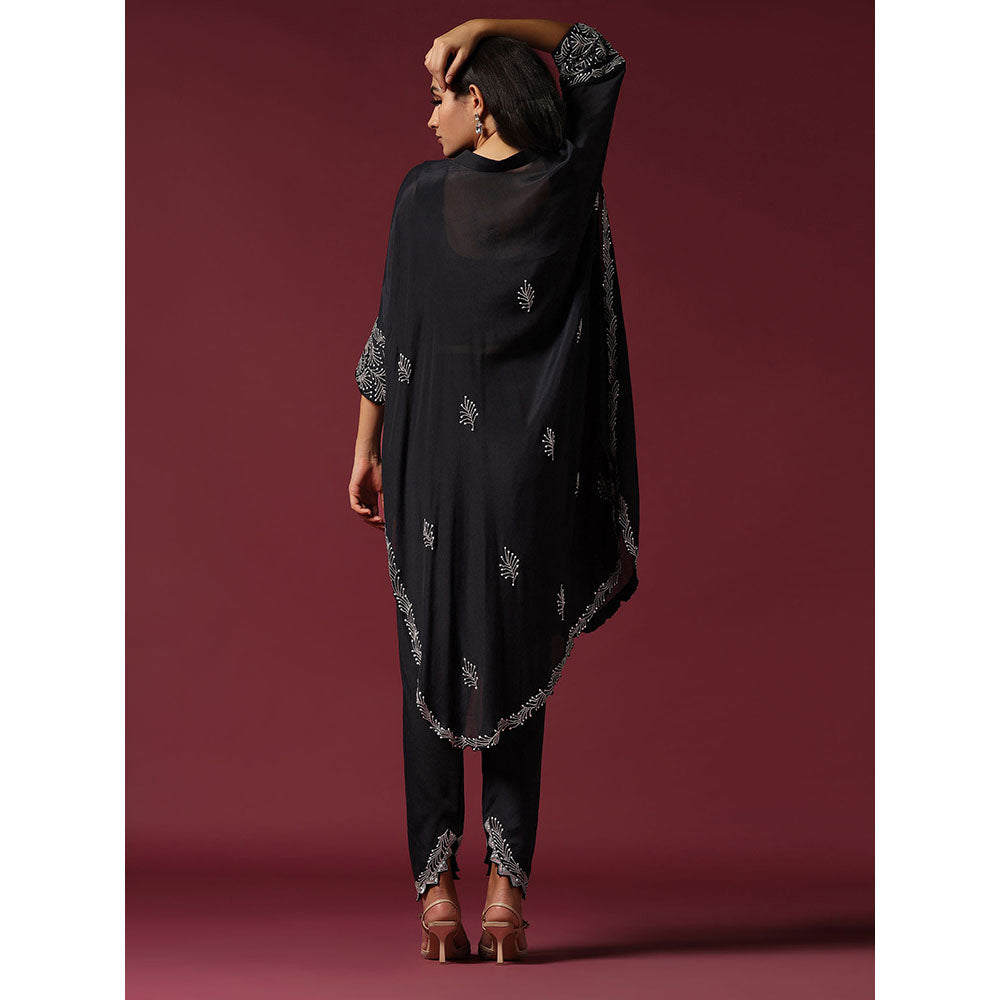 "Two Sisters" by Gyans Black Embroidered Blouse with Kaftan Kurta & Tulip Pant (Set of 3)