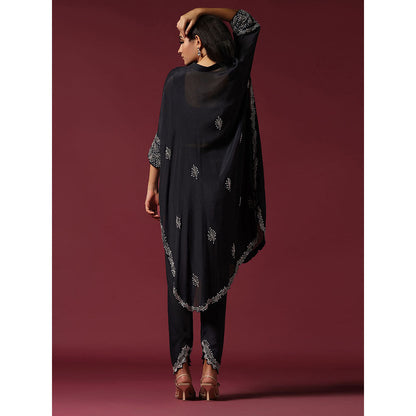 "Two Sisters" by Gyans Black Embroidered Blouse with Kaftan Kurta & Tulip Pant (Set of 3)