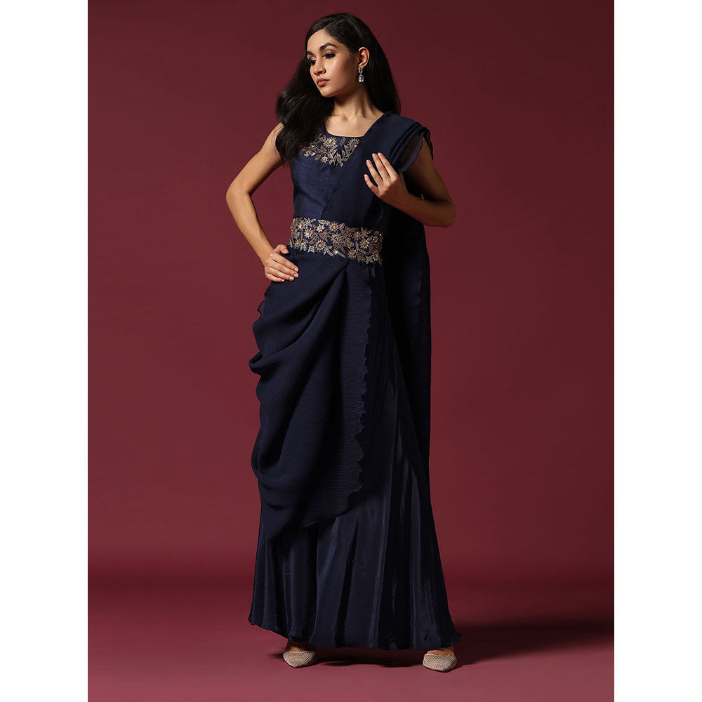 "Two Sisters" by Gyans Navy Blue Pre-Drape Saree with Belt & Stitched Blouse