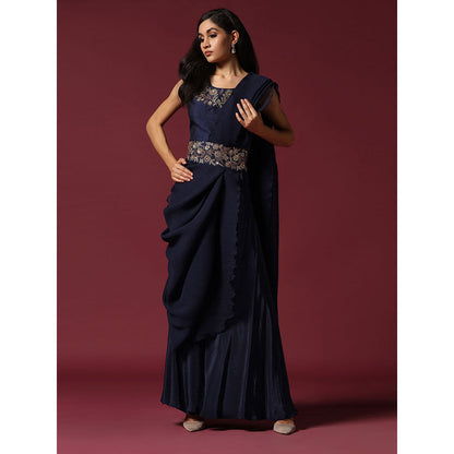 "Two Sisters" by Gyans Navy Blue Pre-Drape Saree with Belt & Stitched Blouse