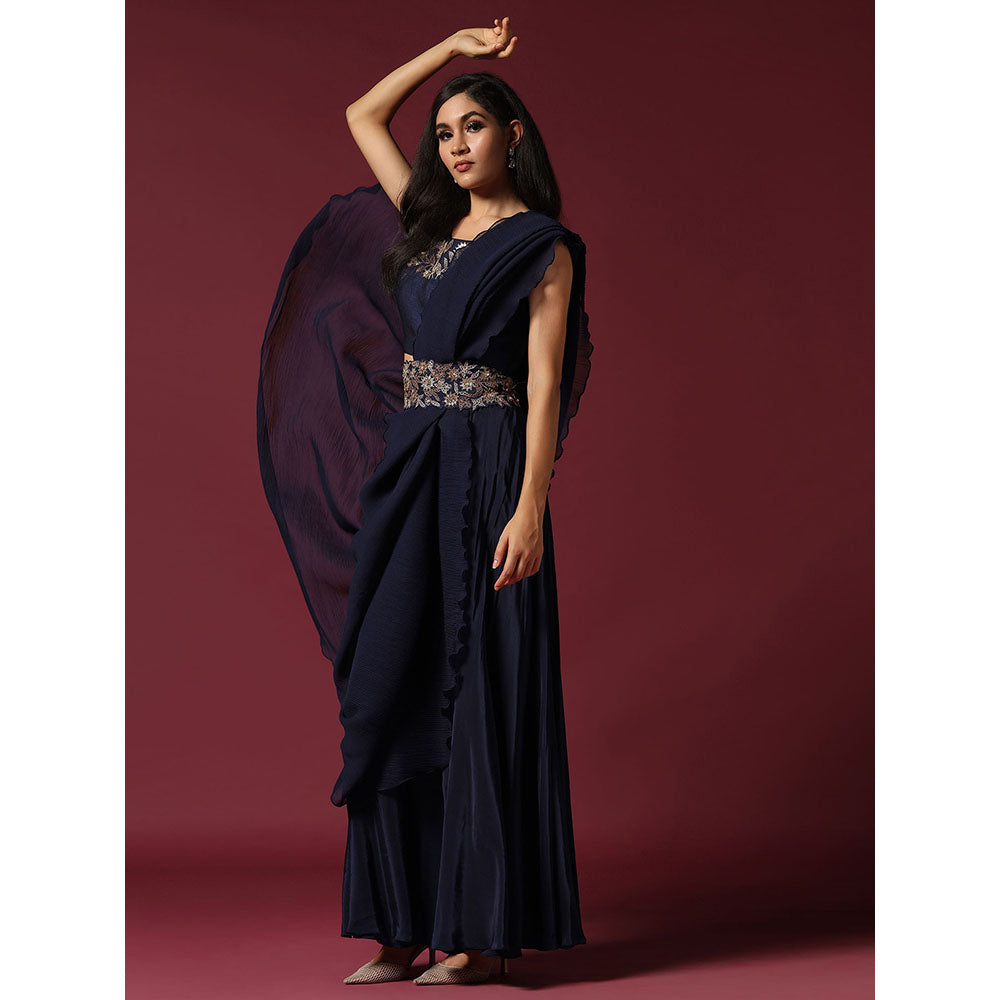"Two Sisters" by Gyans Navy Blue Pre-Drape Saree with Belt & Stitched Blouse
