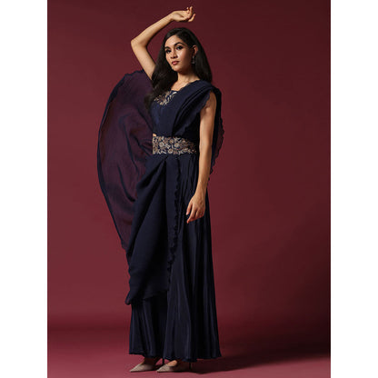"Two Sisters" by Gyans Navy Blue Pre-Drape Saree with Belt & Stitched Blouse