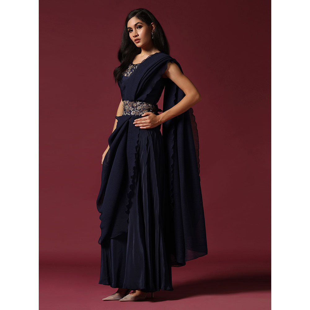 "Two Sisters" by Gyans Navy Blue Pre-Drape Saree with Belt & Stitched Blouse