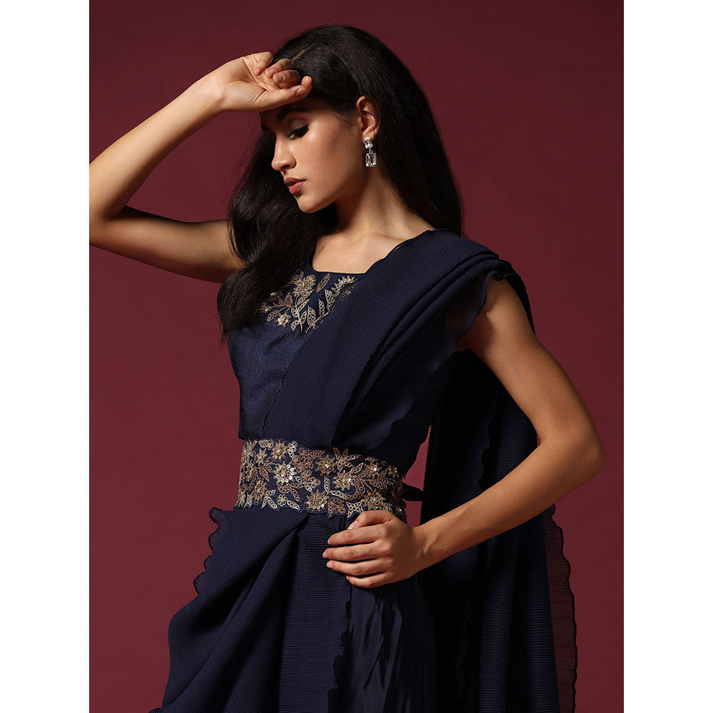 "Two Sisters" by Gyans Navy Blue Pre-Drape Saree with Belt & Stitched Blouse