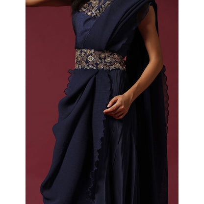 "Two Sisters" by Gyans Navy Blue Pre-Drape Saree with Belt & Stitched Blouse